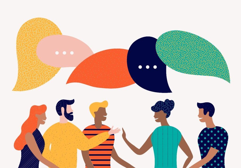 An illustration of a group of diverse individuals talking, with different colored talk bubbles.