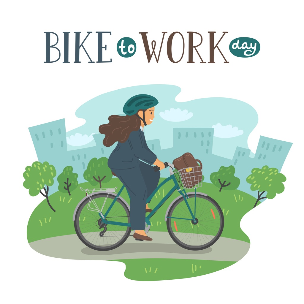 Woman in formal clothes on bike with basket with lettering. Businesswoman with bag cycling in the city park.